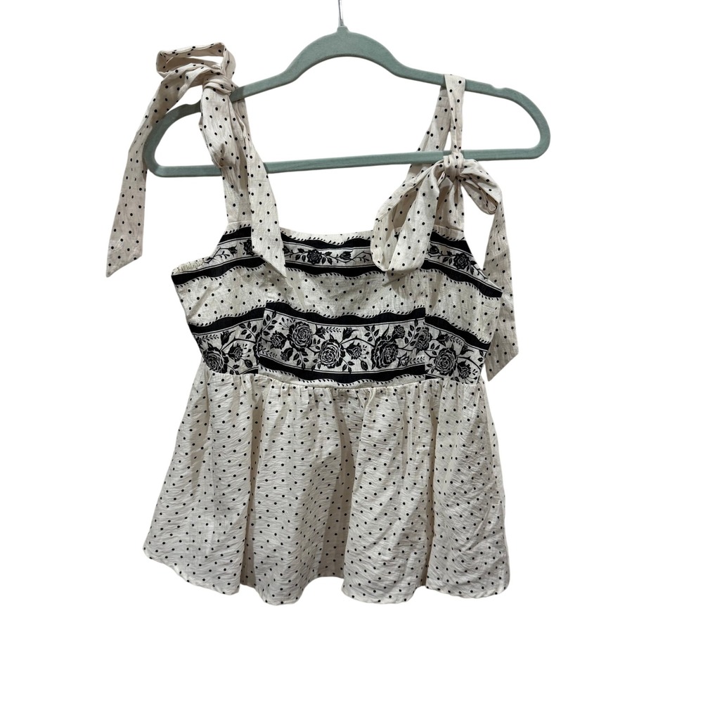 Doe and Rae Polka Dot Floral Tie Strap Smocked Babydoll Top Cream Black Small